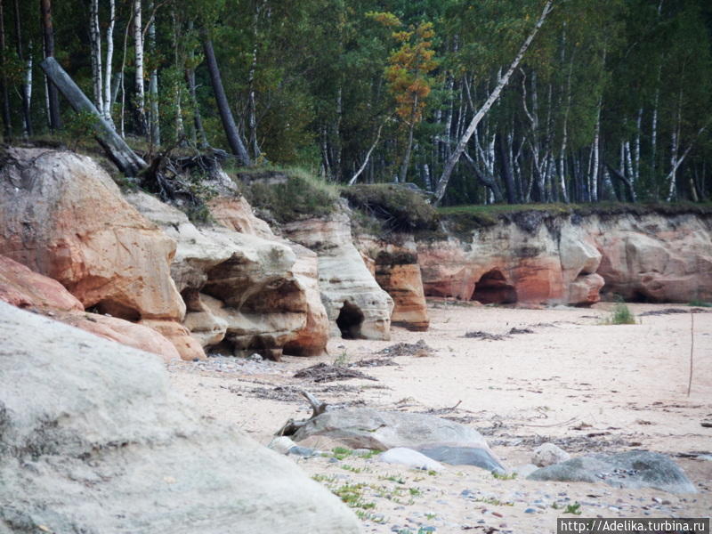 Волны здесь создали отвесный берег высотой до 6 метров, где на несколько сот метров простирается утес из красного песчаника с мелкими пещерами, нишами, гротами и другими образованиями Салацгрива, Латвия