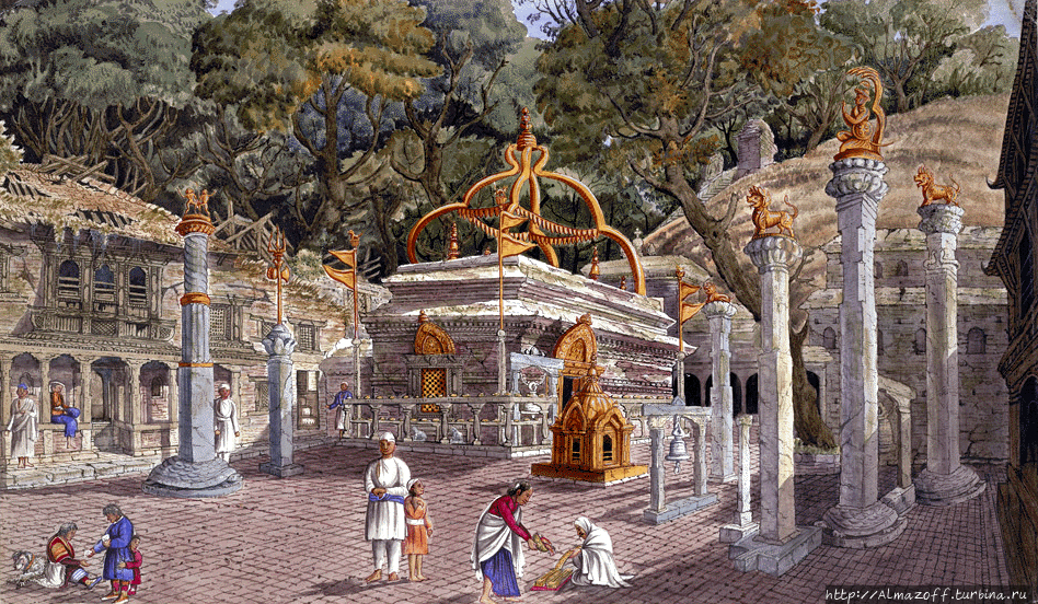 Храм Гухьешвари в Пашупатинатх. Акварель Henry Ambrose Oldfield, 1855. Катманду, Непал