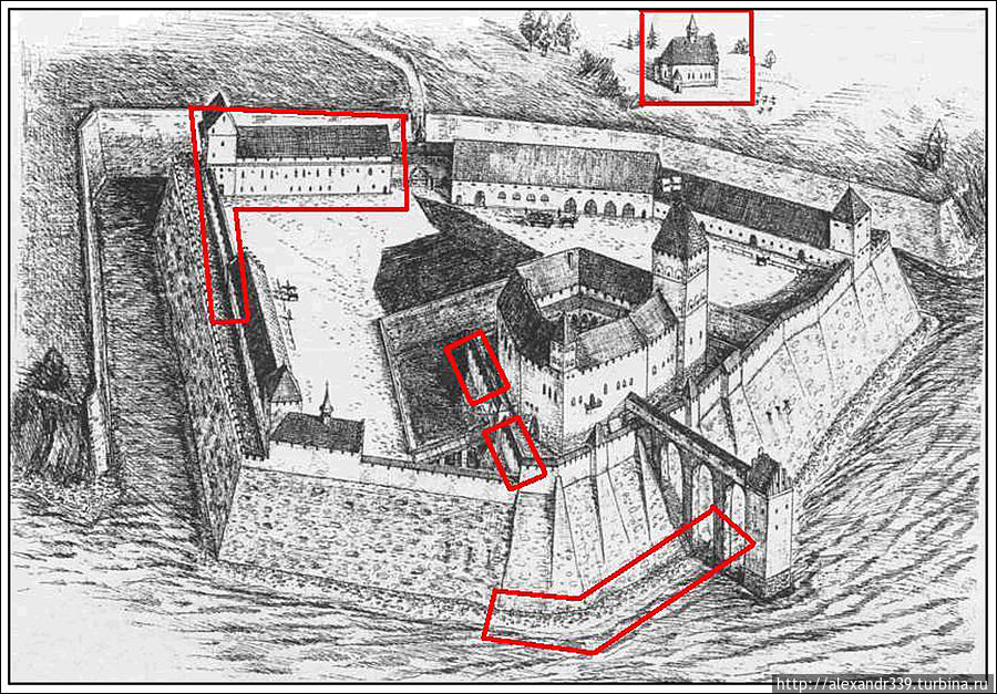Красным отмечены сохранившиеся части крепости (фото из интернета). Калининградская область, Россия