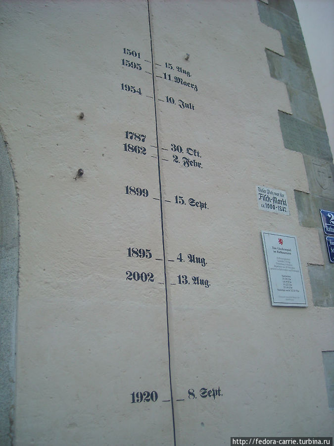 Отметки о том, как высоко поднималась вода в Дунае (а наводнение происходит каждый год) Пассау, Германия