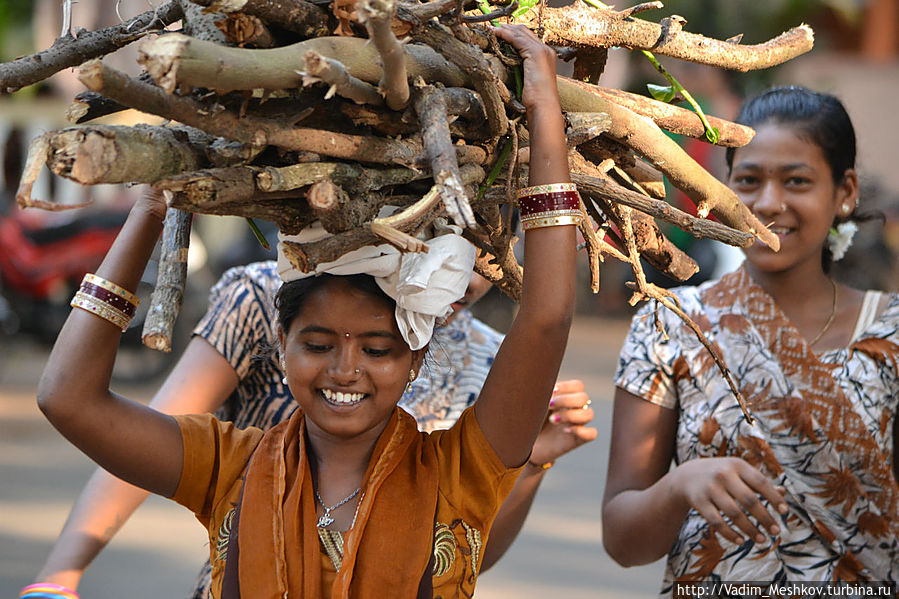 Женщины носят на голове хворост, фрукты и пр. Штат Гоа, Индия