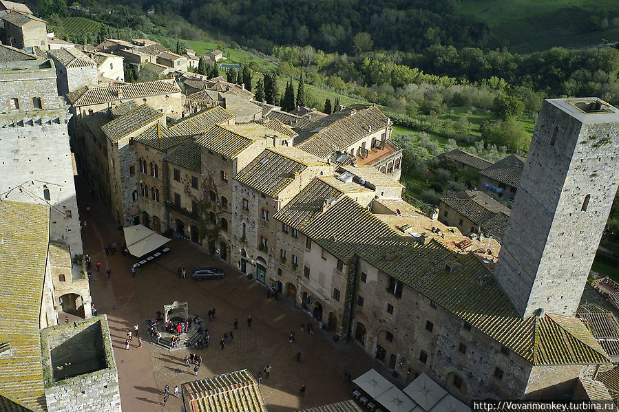 Вид на площадь Piazza dell Cisterna с башни Гросса. Джелатерия Дондоли прямо нами, на переднем крае фото, её, конечно не видно, но для ориентировки будет не лишним. Сан-Джиминьяно, Италия