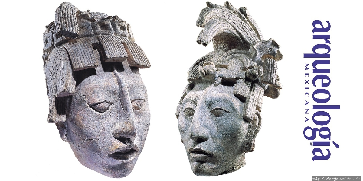 Реконструкция, выполненная по погребальной маске Пакаля. а) Представление Пакаля в период полового созревания, возможно, 12 лет, когда он взошел на трон Паленке. б) Представление Пакаля, когда ему было около 30 лет. Из интернета Паленке, Мексика