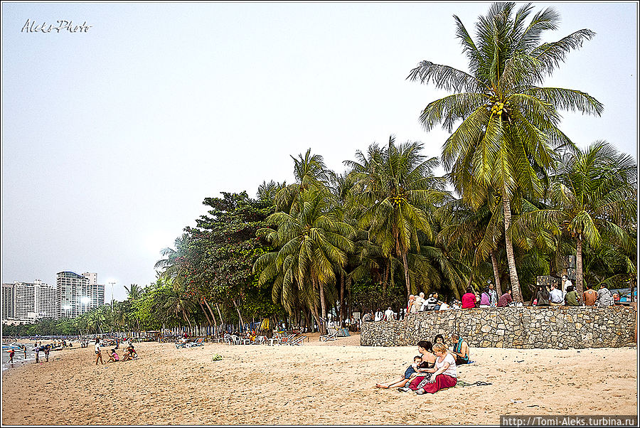 Вдоль главной прогулочной набережной растут кокосовые пальмы. Мы еще погуляем по самой набережной, а пока — только по кромке прибрежного песка...
* Паттайя, Таиланд