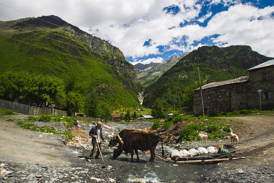 Жабеши находится на высоте 1600 м. Большую часть года тут лежит снег, поэтому сани используют и летом:)
Эту речку дедуля перепрыгнул в лучших традициях Сергея Бубки — оперся на палочку и просто перелетел.. Мы стояли в шоке...