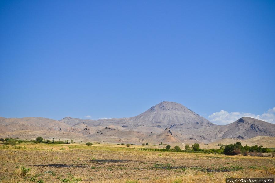 Расстояние от Еревана примерно 120 километров, и чем дальше мы отъезжали от Араратской долины, тем пустынней становился пейзаж, зеленые поля и виноградники сменились желтыми холмами недавно скошенных пшеничных полей. Хор Вирап Монастырь, Армения