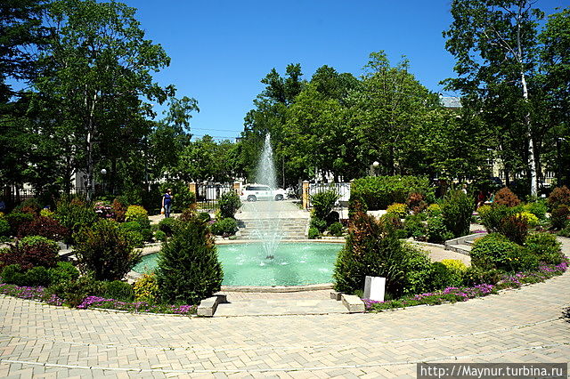 Такой  ансамбль из  фонтана и его зеленого ожерелья  расположен между входом на территорию музея и  самим  зданием  музея. Южно-Сахалинск, Россия