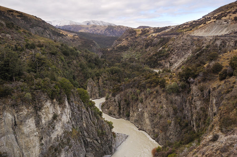 Поезд идет вдоль ущелья реки Ваймакарири Греймаус, Новая Зеландия