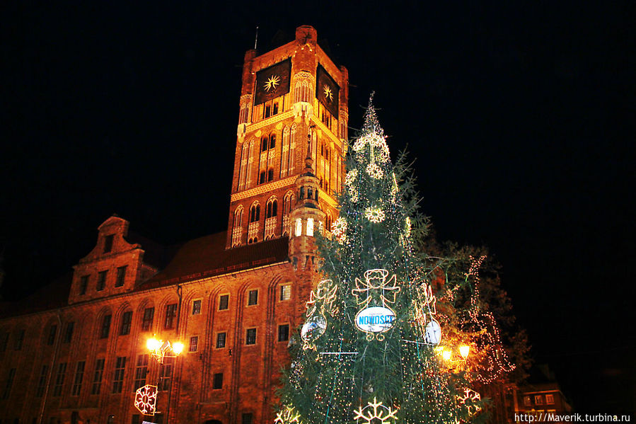 Перед нами вечерний Новогодний Торунь. 
Торунь является уникальным для Европы ансамблем готической архитектуры.
Архитектурные памятники города сосредоточены на малом пространстве. На Рыночной площади доминирует Ратуша. Она очень хорошо сохранилась до наших дней, хотя её возвели в XIII веке. Торунь, Польша
