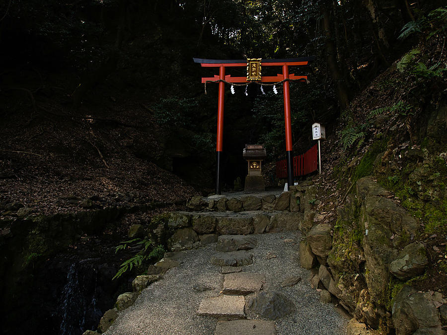 За красными воротцами — священный источник, которым знаменито святилище. Киото, Япония
