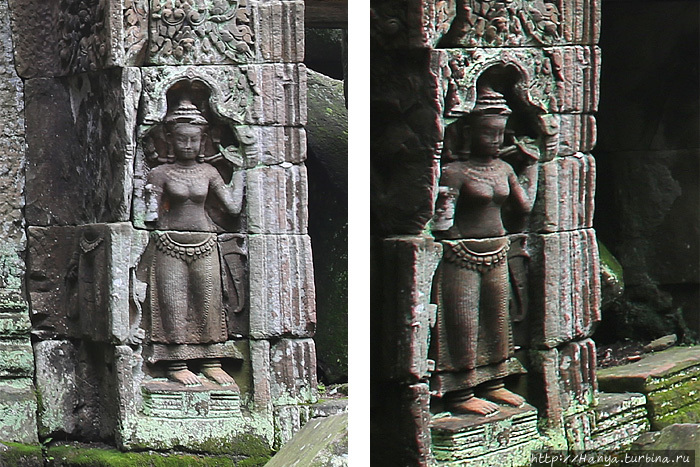 Рельефное изображение двух божественных деват на южной стене центрального святилища в комплексе Та Пром. Фото из интернета