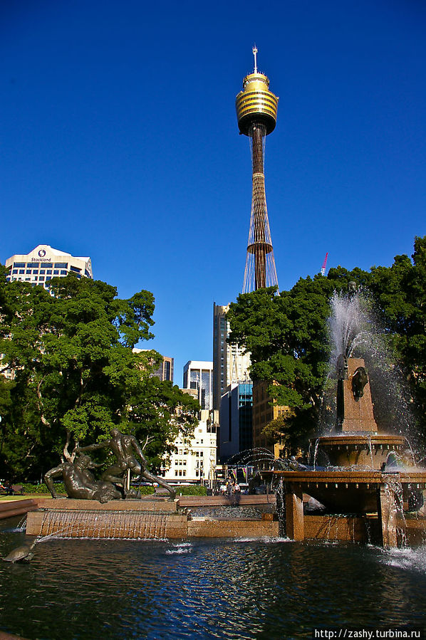 Вид на Сиднейскую телевизионную башню и Archibald fountain — один из самых известных фонтанов города. Сидней, Австралия