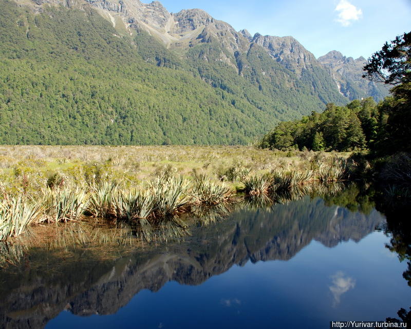 Зеркальное озеро на пути к фьорду Милфорд Саунд Фьордленд Национальный Парк, Новая Зеландия