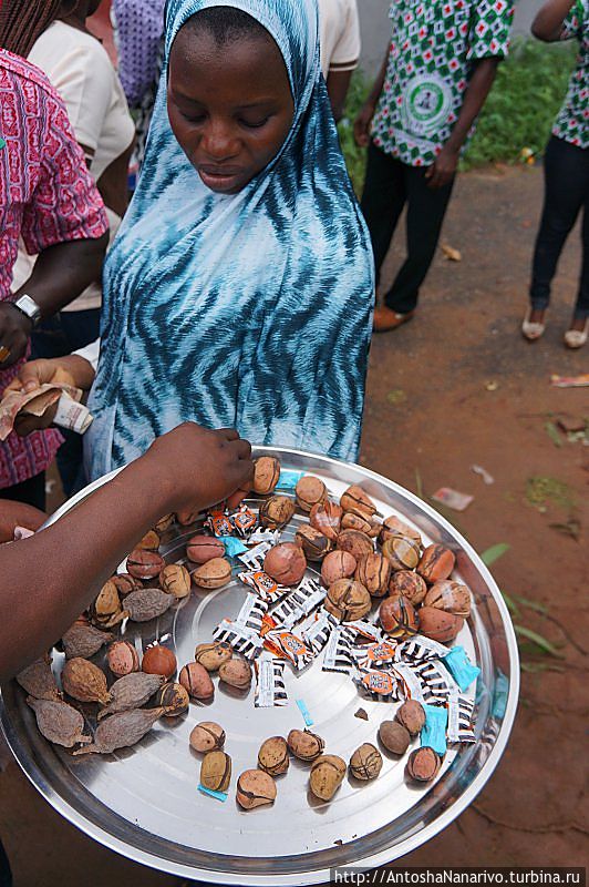 Орехи кола. Они горькие, поэтому их продают вместе с леденцами Лагос, Нигерия
