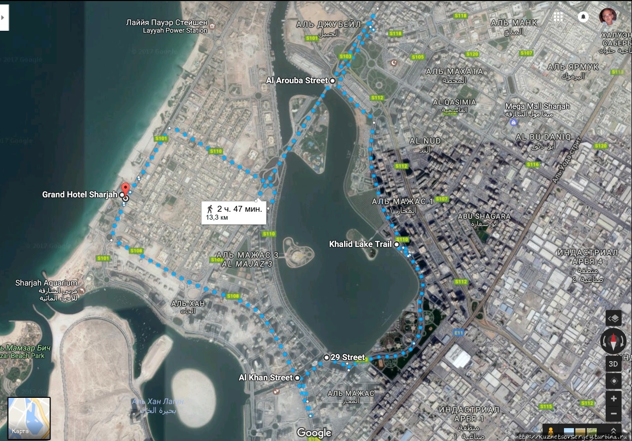 Мой маршрут первой вечерней прогулки по Шардже Шарджа, ОАЭ