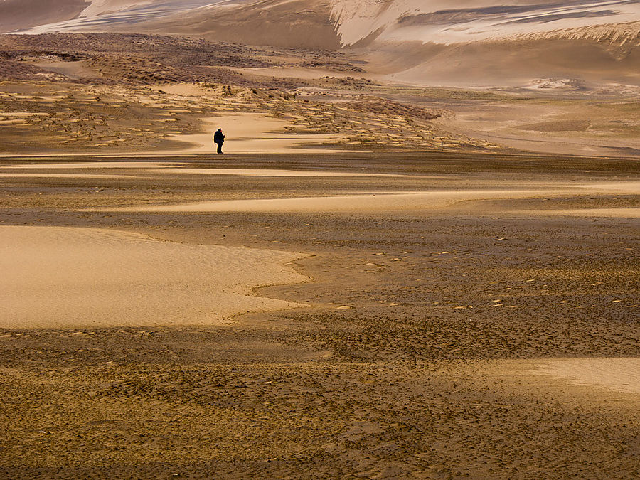 Чёрная точка на фото — мой случайный попутчик, парень с рюкзаком. Изображает мужчину в песках. Кстати, именно дюны Тоттори являются предпологаемым местом действия известного романа Кобо Абэ. Тоттори, Япония