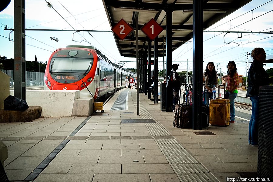 Электричка из Бланеса в Барселону идет примерно  час двадцать, делая остановки на 2-3 минуты в курортных городках. Приезжает на те же станции, что и метро, но другие платформы, поэтому пересадки можно делать, не выходя в город. Время в пути пролетело незаметно, за разглядыванием в окно средиземноморского побережья, весь путь пролегает вдоль побережья Коста-Бравы.