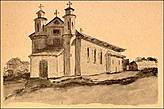 Предыдущее здание костела на рисунке 1846 г. Взято из книги Янковского Ашмянскі павет’ (1896).