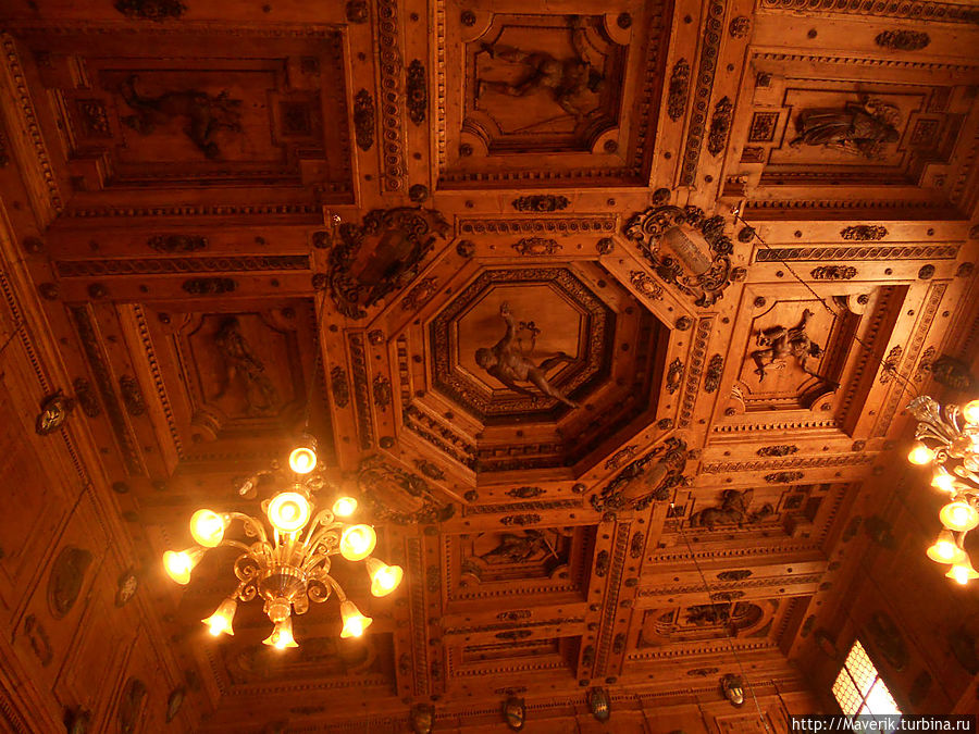 Украшенный деревянной отделкой потолок Анатомического Театра. Болонья, Италия