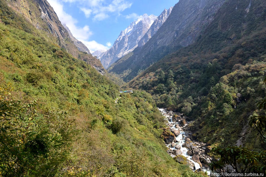 Узкая долина реки Modi Khola не позволяет увидеть окружающие горы. Непал