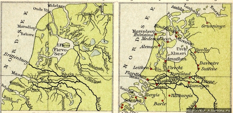 Нидерланды до и после наводнения 1287 года Остров Влиеланд, Нидерланды