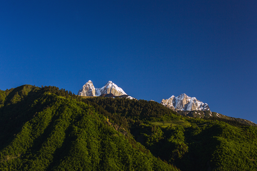 В общем в Местию доехали только в полночь.. Сначала водитель хотел, чтоб мы остались у его знакомых.. Но мы объяснили, что хотим спать в палатках, и он повез нас за город.. Приехали в какое-то место.. вышли осмотреться — вокруг куча мусора, ничего хорошего.. И говорим водителю — не нравится, свалка какая-то.. Тот отвечает — не вопрос, поехали в следующее место! Сложно представить, чтоб у нас водитель маршрутки ночью возил туристов непонятно где за городом, пока те не выберут подходящее место для ночевки.. В этот раз заехали куда-то совсем далеко, нашли подходящую полянку, поблагодарили водителя, поставили палатки и легли спать... Чтобы проснуться утром и восхититься красотой места, в котором ночевали...!
Ушки Ушбы (4690 м.), любимицы альпинистов, в первых лучах рассвета!