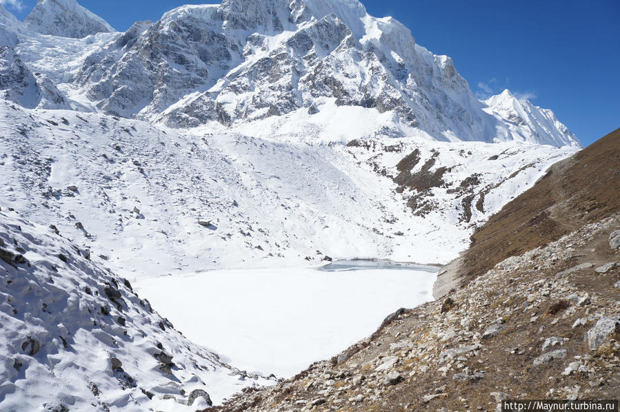 Чаша   горного   озера.  Большая   часть   его   покрыта  льдом. Покхара, Непал