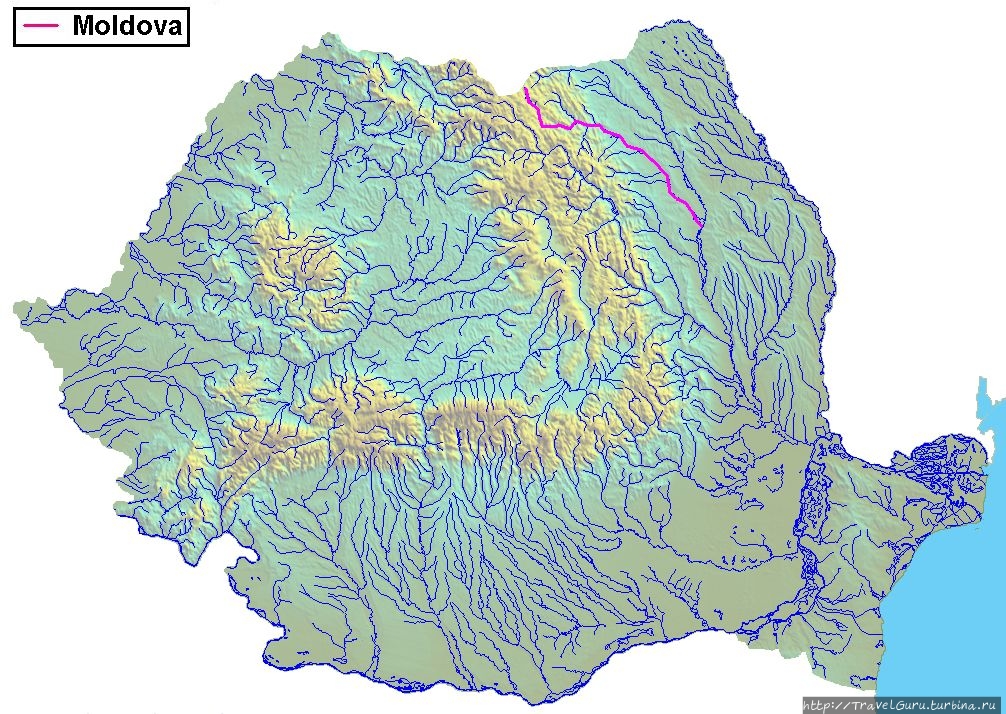 Река Молдова на карте нынешней Румынии, которая по легенде была названа в честь храброго пса венгерского воеводы, и которая в свою очередь дала название стране. Сороки, Молдова