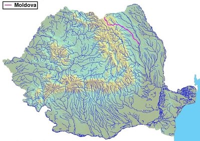 Река Молдова на карте нынешней Румынии, которая по легенде была названа в честь храброго пса венгерского воеводы, и которая в свою очередь дала название стране.