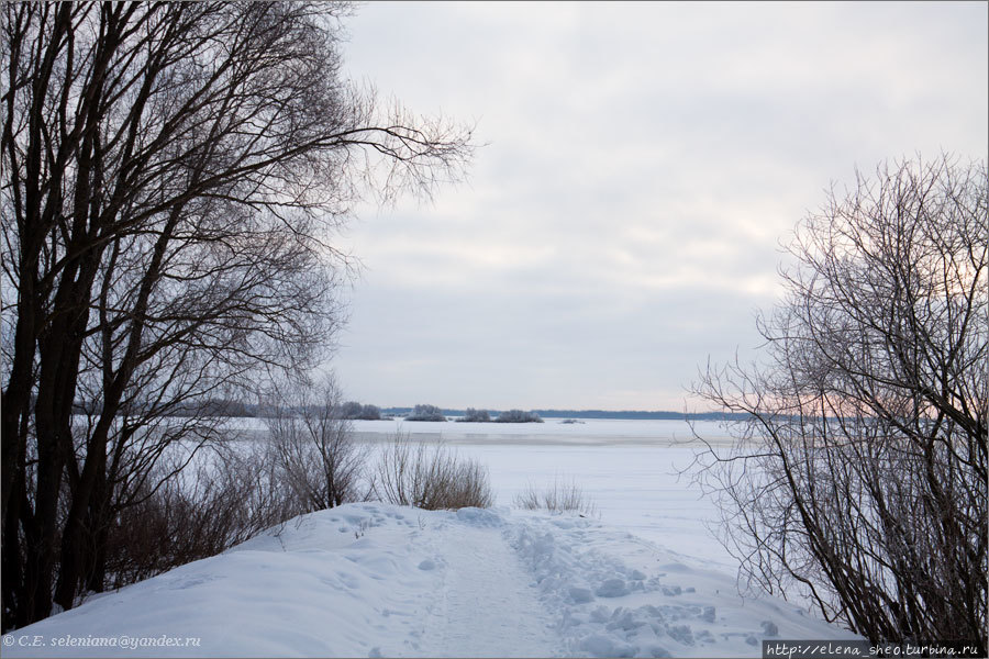 3. Утренний пейзаж возле Перынского скита под Великим Новгородом. Здесь тоже покоится подо льдом река Волхов. Солнце уже взошло, но его не видно из-за густых облаков. Что ж, и такое зимнее утро имеет право на существование, в нём есть своя неяркая красота.