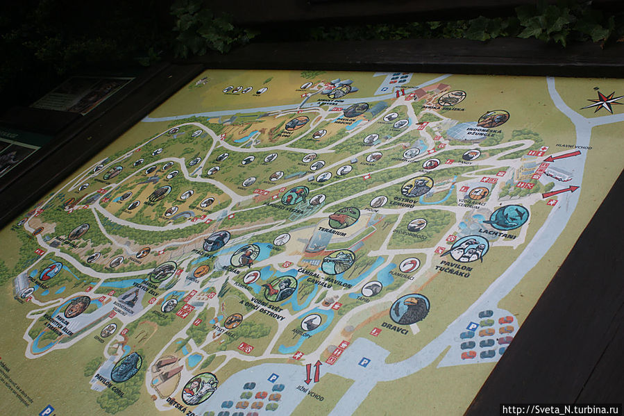 Карта зоопарка. Он занимает большую территорию и часть его размещается на холме, а часть у подножия холма. Прага, Чехия