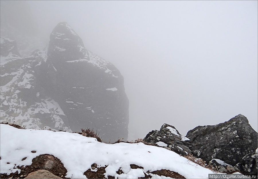 Теперь тропа идет над обрывом, но уже с другой стороны впритык к скалам, опускающимся вниз на головокружительную глубину, которую, однако, не видно из-за плотного, сизого тумана. Инстинктивно прижимаюсь к стене слева