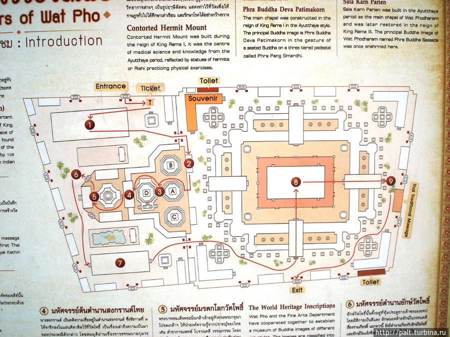 План осмотра храмовой территории. Щелкнув на память, двигаюсь по указанному маршруту. Бангкок, Таиланд