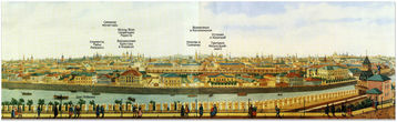 Д. Индейцев. Акварель Панорама Замоскворечья из Кремля (около 1850). В центре, позади лабазов на Болоте — Кадаши.