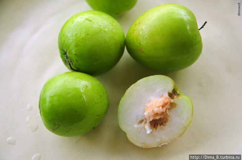 Жужуба (jujube, или китайский финик) В тайланде он зеленого цвета. С обычным фиником у него ничего общего. Форма зеленого яблочка, кожура зеленого помидора. Хрустящая мякоть как у редиски, вкус неспелые яблоко, груша, нет выраженного вкуса. Косточка как у сливы.