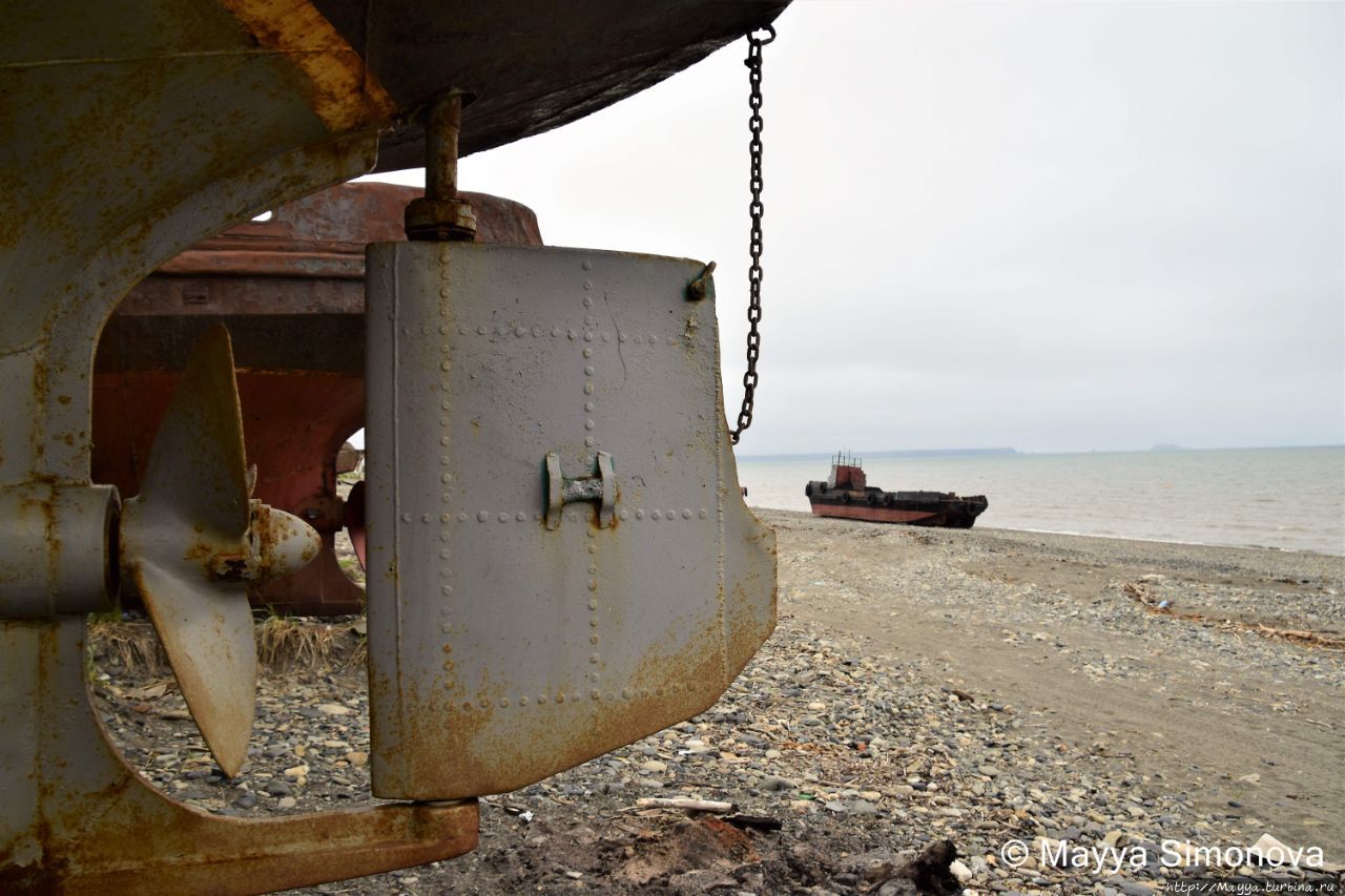На берегу множество ржавых корабельных мертвецов Эвенск, Россия