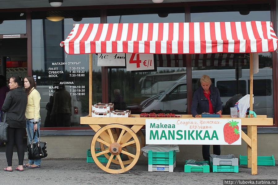 Клубника около магазина Лапландия  (ближе к границе.) 
4-00 евро за 1 литр. Лаппеенранта, Финляндия