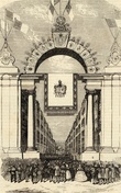 Вид на вторую праздничную арку, во время свадебного торжества короля Педро V и Стефани Гогенцоллерн-Зигмаринген (1858). Из интернета