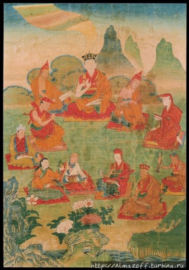 10-й Гьялва Кармапа Чойинг Дордже (Choying Dorje, 1604-1674) в окружении мастеров линии Карма Кагью Лицзян, Китай