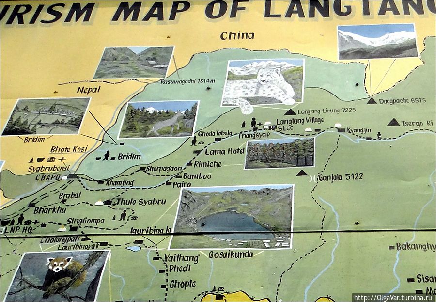 Маршрут, который предстоит нам пройти, — от селения Сябру Беси (на карте — Syabrubensi) через Лангтанг до Кьянгджин (Kyangjin) на высоте 3850 м недалеко от границы с Тибетом Сябру Беси, Непал