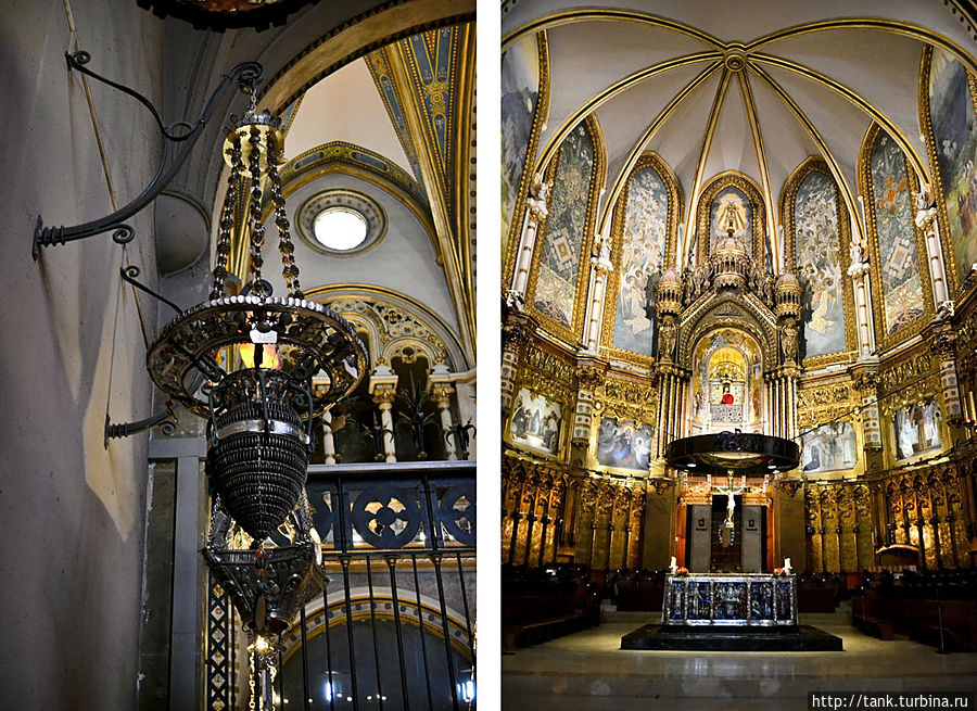 Тронный зал богато украшен,  с 1947 года в нем хранится статуя Святой Непорочной Девы Марии Монсерратской. Трон Мадонны воздвигнут из серебра, сделанный на пожертвования прихожан. Светильники подарены различными религиозными общинами страны. В оформлении алтаря собора принимал участие величайший каталонский архитектор Антонио Гауди.