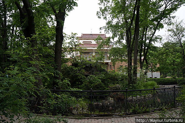 К японскому  зданию как нельзя лучше  подходит  японский ландшафт. На фоне задней  стороны  здания видна горка из камней и рододендронов. Южно-Сахалинск, Россия