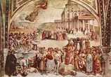 Антихрист в проповеди с дьяволом в передней части храма Соломона. На левом нижнем углу, два прохожих в черном, как полагают, представляют собой двое художников: Фра Анджелико и Синьорелли.