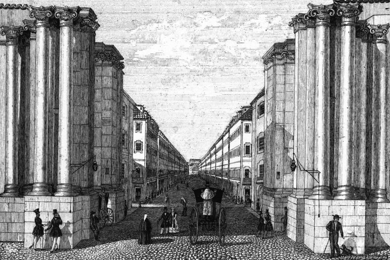 Руа Авгушта, вид сТорговой площади около 1820 года, с уже существующей колоннадой Триумфальной арки, размещенной в 1815 году.

1815 г. Из интернета Лиссабон, Португалия