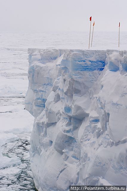 По краю ледника расставлены красные флажки, указывающие об опасности Атка Айспорт, Антарктида