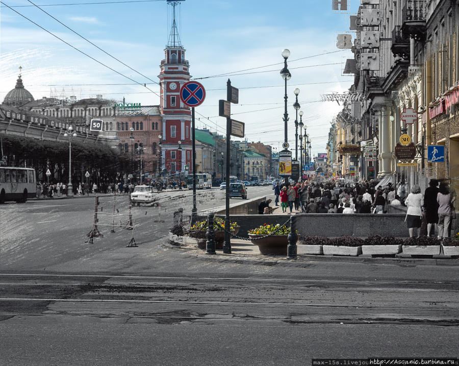 1984 год, Невский проспект. Самое значительное изменение произошло со зданием около башни городской думы. В 84-ом году оно было выше на один этаж Санкт-Петербург, Россия