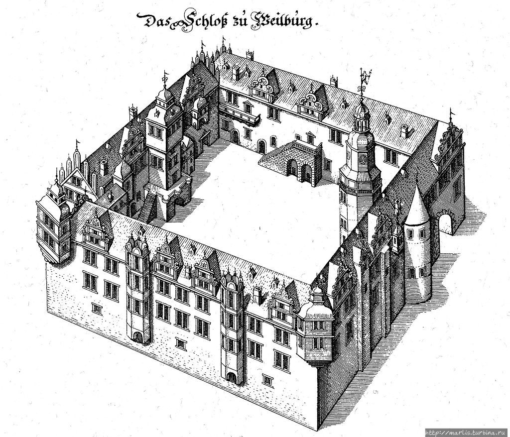 Таким  замок в 1655 году увидел швейцарский художник Маттеус Мериан.  К этому времени уже были завершены работы, начатые в 1535 году. В результате над рекой Лан возникла новая резиденция в стиле Северного Возрождения. foto Internet Вайльбург, Германия