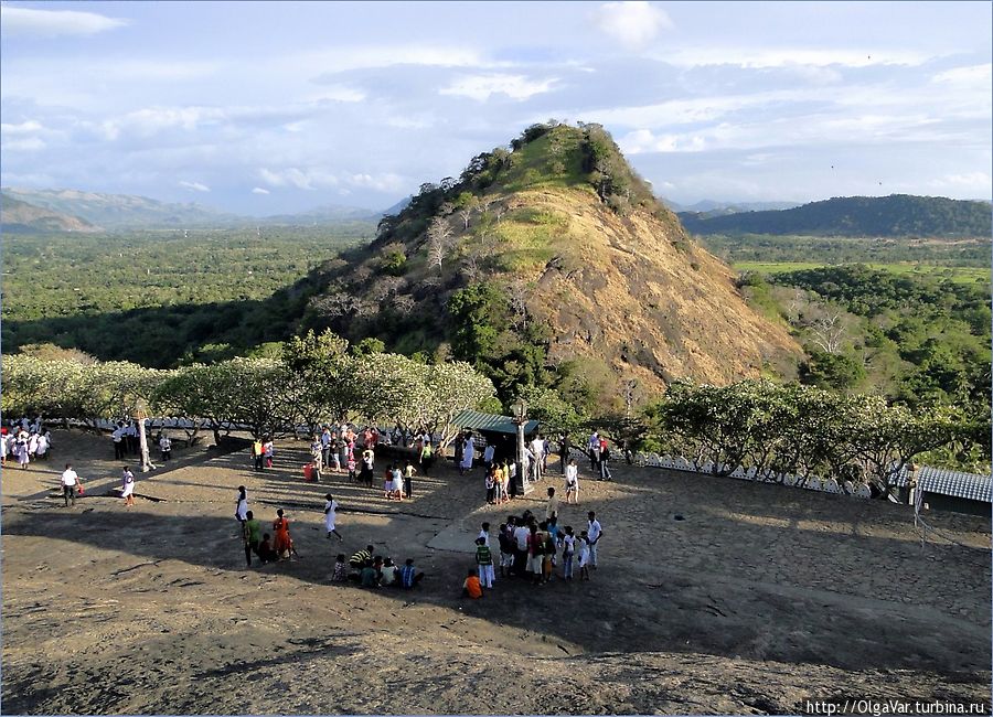 Со скалы, спрятавшей в своем чреве золотые храмы Дамбуллы, открывается вид на холм, выросший как пуп посреди  равнинной зелени Дамбулла, Шри-Ланка