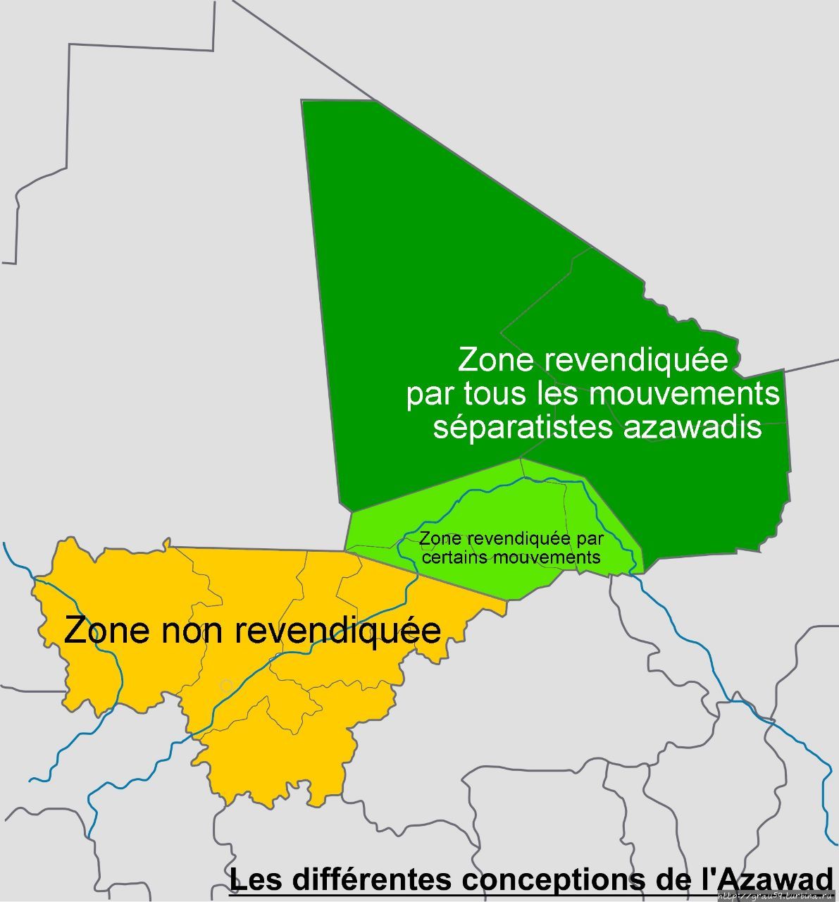 Карта территорий, контролируемых самопровозглашённым Независимым Государством Азавад (тёмно-зелёная зона). Жёлтым обозначены территории, подконтрольные центральному правительству, светло-зелёным — территория обитания субсахарских народов, на которую претендует Азавад (Из Интернета) Гао, Мали