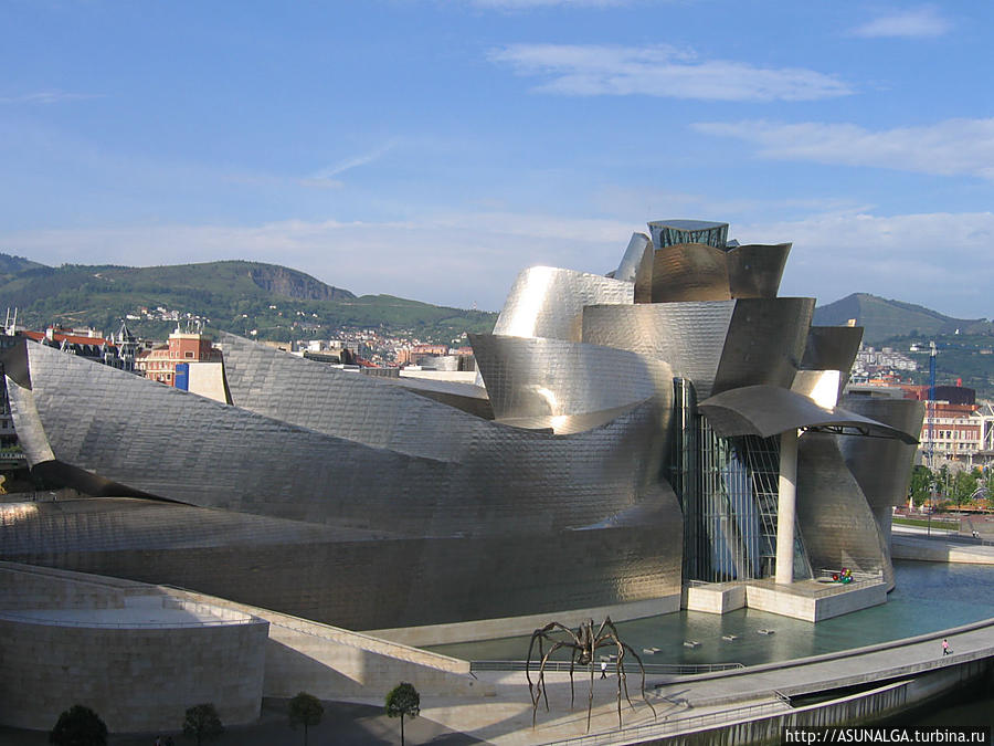 Центральный атриум высотой 55 метров напоминает гигантский металлический цветок, от которого расходятся лепестки изгибающихся текучих протяжённых объёмов, в которых расположены анфилады выставочных залов для различных экспозиций Бильбао, Испания